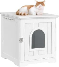 MEUBELEXPERT – Kattenhuis Kattenmand Wit Gesloten Kattentoilet Met Ingang En Handdoekhouder Kattenbak Kast Voor Katten Honden Huisdier 48,5 X 51 X 51,5 Cm Hout