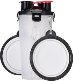 2 In 1 Voer En Drinkfles Voor Huisdieren Incl. Opvouwbare Siliconen Bakken (2 X 350ml) + 2x Karabijnhaak.Lekvrij – Draagbaar – Voor Dagje Uit – Wandeling – Picknick – Camping – Weekendje Weg – Hond – Kat – Knaagdier