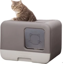 Kattenbak – 2 Uitgangen – Kattentoilet – Uitschuifbare Bodem – Met Schepje – Grijs 53 X 40 X 40 Cm