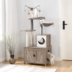 Merkloos Exxen Krabpaal Met Kattenbak – Kattenbakkast – Kattenhuis Met Deur En Slot – Krabpalen Met Hangmat Mand Katten Huis – Kattenbakmeubel Verborgen – Alles-in-één Kattenspeelgoed Met Kattenhuis – Grijs – 60cm X 150cm X 48cm