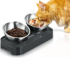 Kattenbak Met Roestvrijstalen, Antislip Siliconenmat Kattenvoerbak Met 0 & 15° Kantelbare Nek Beschermende Kom Voor Huisdieren, Katten En Puppy’s Voer- En Watertoevoer