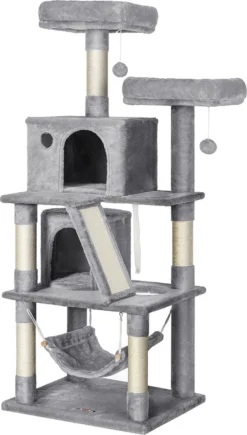 Krabpaal – Met 2 Knuffelholen – Met Hangmat – 2 Platform – 155 Cm – Lichtgrijs