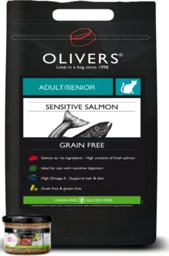Olivers Zalm Graanvrij Kattenvoer Gevoelige Spijsvertering 4 KG. Met GRATIS 200GR Biologisch Natvoer
