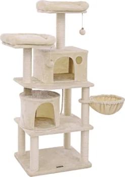 Hoppa! Stevige Kattenboom Met Sisal Krabpaaltjes, Pluche Zitjes, Een Mand En 2 Huisjes – Beige – Sisal