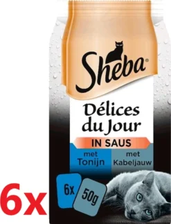Sheba – Delices Du Jour – Tonijn En Kabeljauw In Saus- Maaltijdzakjes – 6 Verpakkingen Van (6x50g) – Kattenvoer