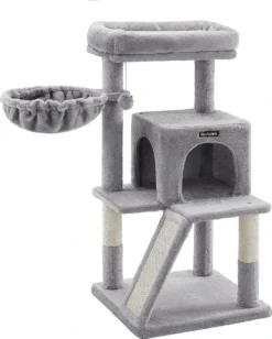FEANDREA Cat Tree, Small Cat Tower With Widened Perch For Large Cats Indoor, Kittens, 37.8-Inch Multi-Level Cat Condo With Scratching Posts And Ramp, 2-Door Cat Cave, Cat Basket PCT51W
